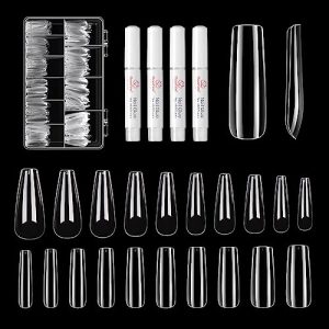 Beetles Square Long and Long Coffin Fake Gel Nail Tips - 500Pcs Acrylic Press on Clear Artificial False Nails with Nail Glues for Acrylic Nail/Dip Powder Nails/Poly Nail Extension Gel