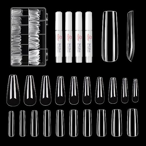 Beetles Square Long and Long Coffin Fake Gel Nail Tips - 500Pcs Acrylic Press on Clear Artificial False Nails with Nail Glues for Acrylic Nail/Dip Powder Nails/Poly Nail Extension Gel