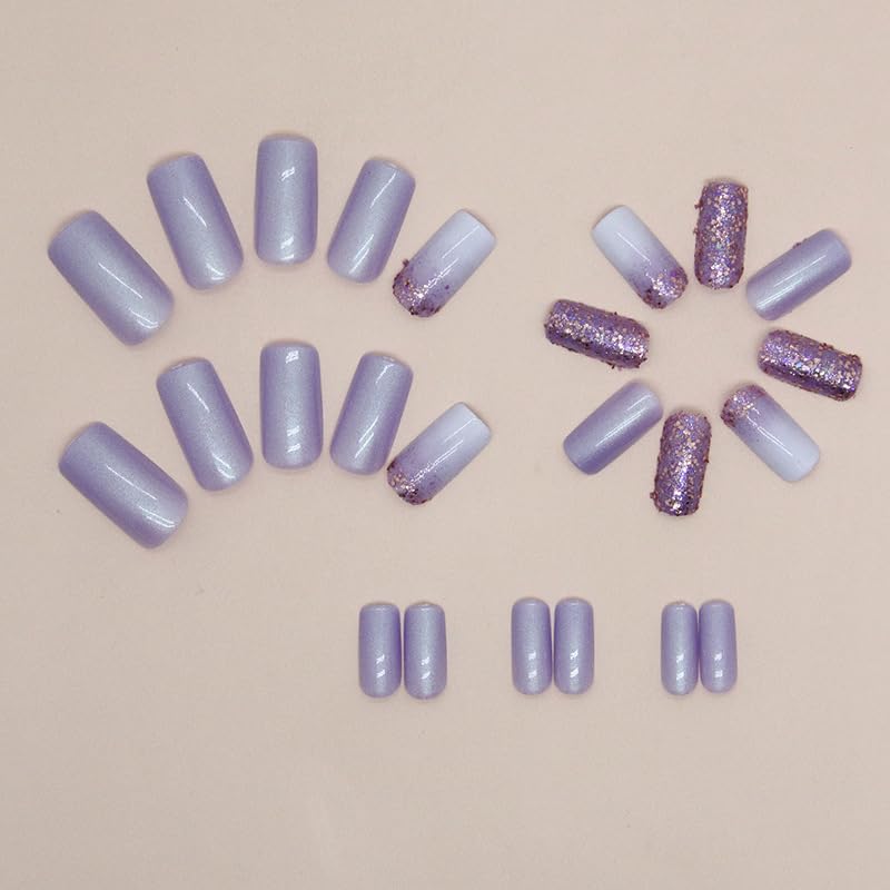 Purple Sequin Glitter Gradient Medium Square Press-On Nails for Women - Image 3