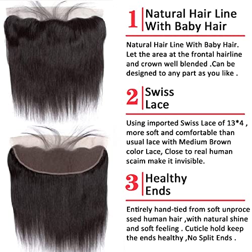 Human Hair Bundles with Frontal (20 22 24 +18) Straight Bundles with 13x4 Lace Frontal Brazilian Human Hair Weave Bundles with Frontal Free Part Virgin Hair Weft 150% Density Natural Color - Image 3