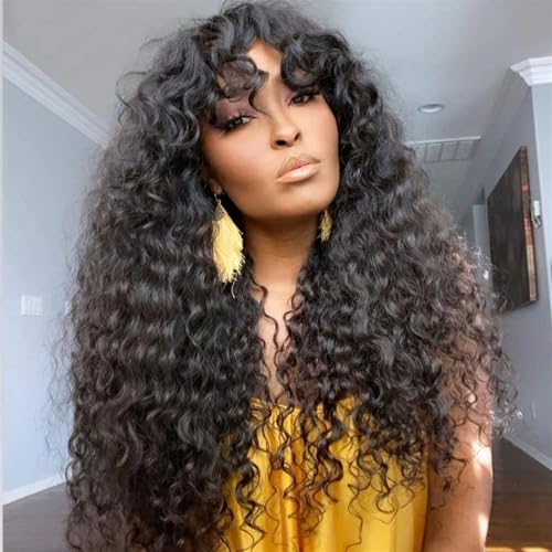 Hair Wigs human hair Kinky Curly Wig with Bangs Full Machine 14-40 Inch Long Curly Human Hair Wig for Black Women Glueless Remy Hair Non Lace Front Wig, Natural Color Natural Wigs for women High Densi - Image 3