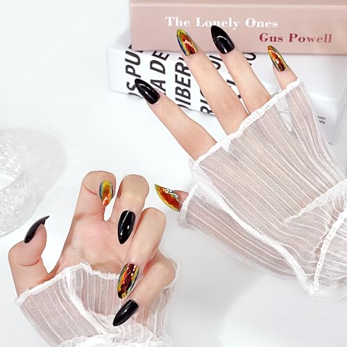 Medium Black High Shine Chrome Press On Nails Oval Almond Acrylic Nail Art Kit - Image 3