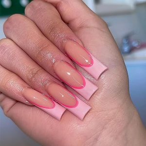 BABALAL Long Square Press on Nails Pink French Tip Fake Nails Acrylic Nails 24pcs Shiny Squoval Artificial Valentines False Nails for Women and Girls