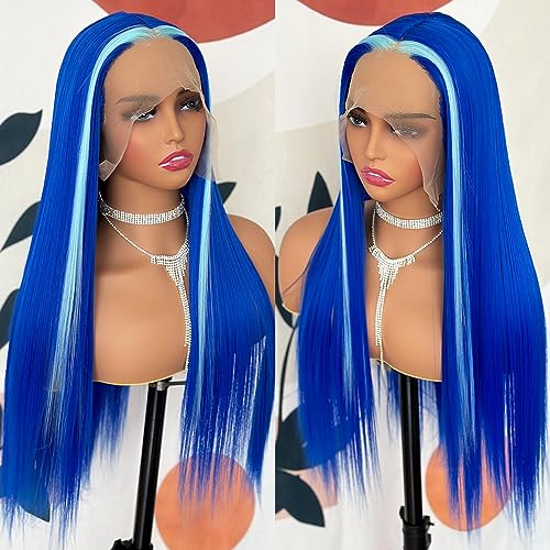 Blue Highlight Wigs Long Straight Hair Natural Looking Heat Resistant Glueless Hair Blue Hair Synthetic Lace Front Wigs for Fashion Women - Image 5