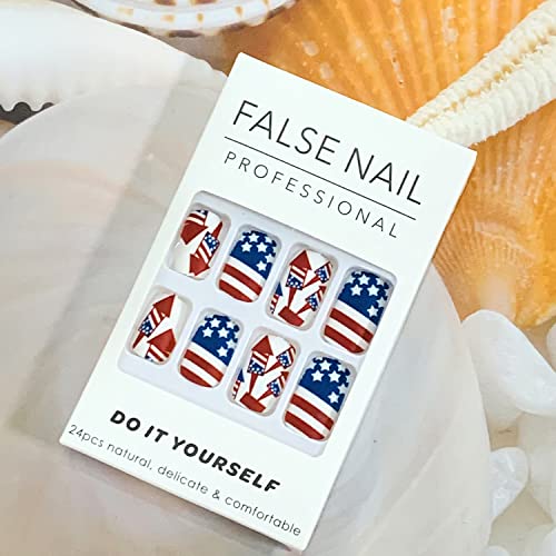 Independence Day Press on Nails Short Coffin, 24 Pcs Full Cover Reusable Square False Nails with Patriotic Designs, Women Artificial Finger Acrylic Fake Nails for July 4th, Glue on Nails Medium - Image 7
