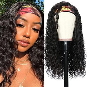 Headband Wig for Black Women Water Wave Natural Black Color 180% Density Glueless Synthetic Hair None Lace Front Wigs, 18 Inch