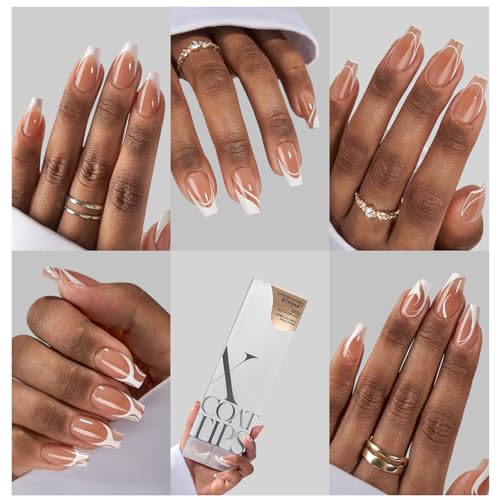 BTArtbox XCOATTIPS 5 Style Pre-Designed Swirl Short Coffin Gel Fake Nails Ultra Fit French Tips 24ct - Image 2