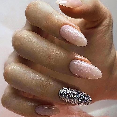 SWEKKE Medium Almond Nude Full Cover Press on Nails 24 Piece Set with Glue