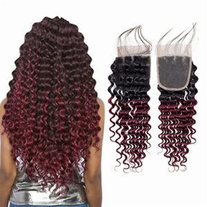 Brazilian Ombre 1B 99J Deep Wave 4x4 Lace Closure 100% Unprocessed Human Virgin Hair Burgundy Deep Curly Wine Red Colored Pre-Plucked Hairline 2 Tone 1b/99J closure Loose Deep Closure With Baby Hair (16inch, 1b 99j deep wave closure)