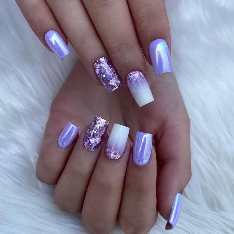 Purple Sequin Glitter Gradient Medium Square Press-On Nails for Women