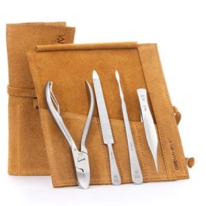 GERMANIKURE 4 Piece Pedicure Set Mustard Yellow Suede Case Stainless Steel Tools