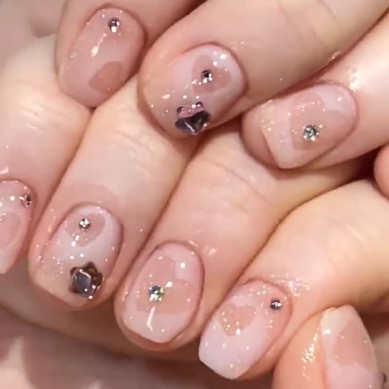 24 Pcs Valentine's Day Press on Nails, 3D Rhinestones Full Cover Acrylic Nails Glossy Pink Fake Nails with Love Heart Designs, Short Coffin Shape False Nails with Glue Stick on Artificial Fingernails