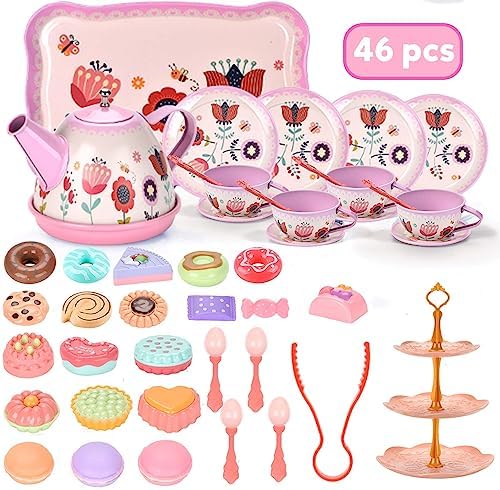 Tea Set for Little Girls, Birthday Gift for Age 3 4 5 6 Year Old, Toddler Toys Tea Party Set for Little Girls, Princess Kids Kitchen Pretend Toy with Tin Tea Set, Desserts & Carrying Case - Image 3