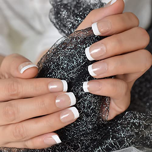Clear French Nail Art Press On Nail Tips Short Shape White Top Silver Smile Line Decorative Round Manicure Tips Classy Nail With Glitter Salons At Home Fake Nails Art Uv Gel Fingernails Reusbale - Image 5