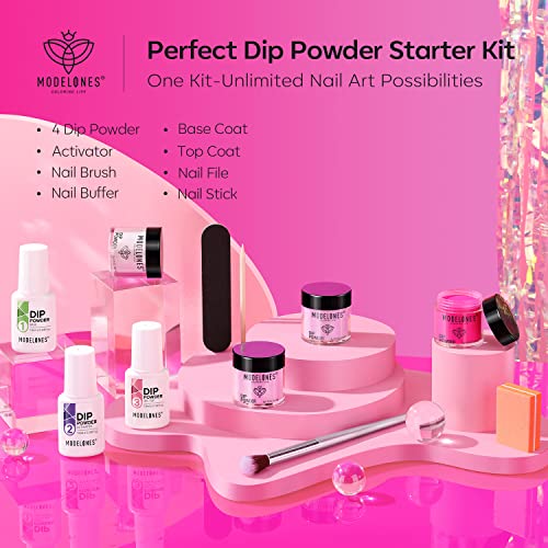 Modelones Dip Powder Nail Kit Starter, 4 Colors Hot Pink Summer Bright Dipping Powder Essential Liquid Set with Base Top Coat Activator French Nail Art Manicure DIY Salon Kit Gift - Image 6