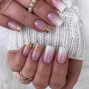 Square Press on Nails Short Fake Nails Fashion Flash Powder White Designs Artificial Gold Foil Glitter Acrylic False Nails For Women Nail Glue for Press on Nails 24Pcs