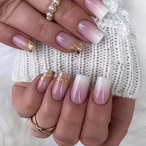 Square Press on Nails Short Fake Nails Fashion Flash Powder White Designs Artificial Gold Foil Glitter Acrylic False Nails For Women Nail Glue for Press on Nails 24Pcs