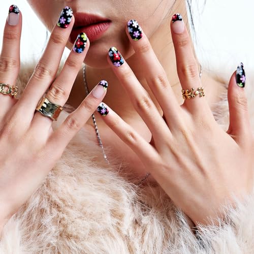 Press on Nails Medium Oval, GLAMERMAID Black Flower French Tip Glue on Gel Nails, 24Pcs Short Oval Acrylic False Nails Kits Reusable UV Finish Full Cover Stick on Nail for Women Gifts - Image 4