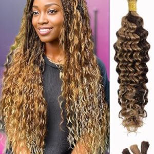 Ombre Braiding Hair 1 Bundle 50g 18 Inch P4/27 Human Braiding Hair Deep Wave Honey Blonde Braiding Hair Highlight Water Wave Bulk Human Hair 100% 10A Brazilian Brown Bariding Hair for Boho Braids