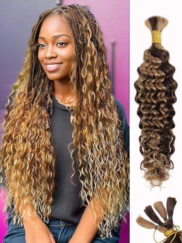 Ombre Braiding Hair 1 Bundle 50g 18 Inch P4/27 Human Braiding Hair Deep Wave Honey Blonde Braiding Hair Highlight Water Wave Bulk Human Hair 100% 10A Brazilian Brown Bariding Hair for Boho Braids
