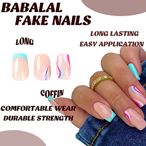 BABALAL Square Press on Nails Medium Blue French Tip Glue on Nails Purple Swirl Acrylic Nails 24Pcs Squoval Nails for Women and Girls - Image 5