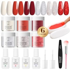ROSALIND 13PCS Dip Nails Powder Starter Kit, 6 Colors Dip Powder Nail Kit White Red Glitter Series Nail Dip Powder Colors Set with Base & Top Coat, Brush Restorer and Activator Air Drying