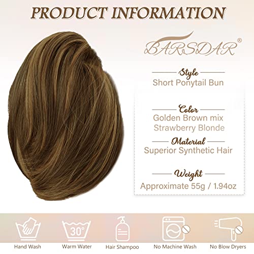 BARSDAR Hair Bun Ponytail Extension Straight Synthetic Fully Short Ponytail Bun Extensions Hairpieces Easy Elastic Scrunchies Hair Bun for Women- Brown mix Strawberry Blonde - Image 5