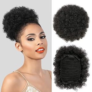 Afro Puff Drawstring Ponytail Kinky Curly Bun Hair Synthetic Short Extensions Hairpieces Updo Hair for Black Women (8inch, 1B)