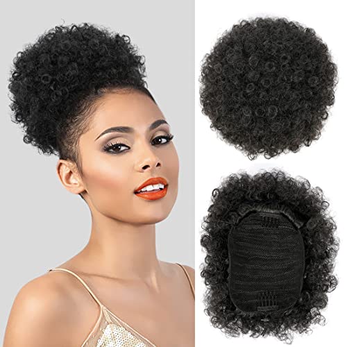Afro Puff Drawstring Ponytail Kinky Curly Bun Hair Synthetic Short Extensions Hairpieces Updo Hair for Black Women (8inch, 1B)