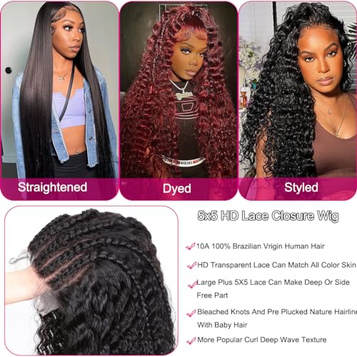 30 Inch 5x5 HD Lace Deep Wave Human Hair Wig 180% Density Pre Plucked - Image 5