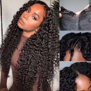 Julia Hair V Part Curly Wig Human Hair No Leave Out Glueless Upgraded U Part Curly Wig for Women,10A Brazilian V Shape Clip in Half Wig No Glue No Sew in 150% Density Natural Black Color 26inch