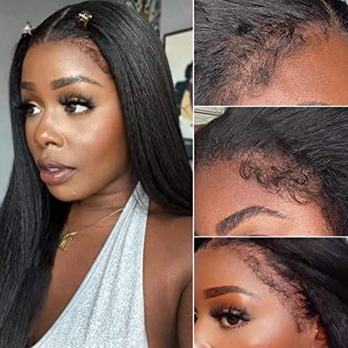 Sunber Straight Human Hair Wig 4C Kinky Edge Yaki Straight Skin Melt 13x4 Lace Front Human Hair Wigs 12A Remy Hair Pre Plucked With Native Baby Hair Kinky Straight Wigs 180% Density 20Inch - Image 2