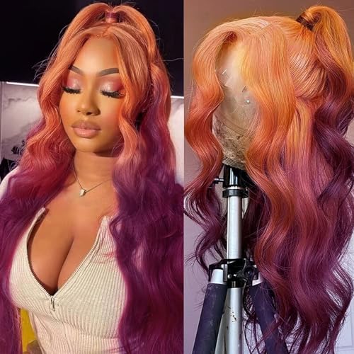 Ginger to Dark Purple Ombre 26 Inch Body Wave Human Hair Wig 150% Density Lace Front - Image 4