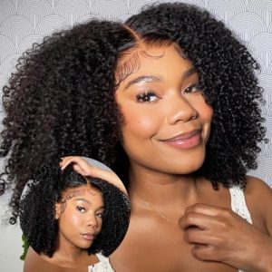 Julia Hair Kinky Curly V Part Lace Wig Human Hair 12A Afro Curl Brazilian Virgin Human Hair Wigs for Women Upgrade U Part Wig V Shaped 5x2.5 Inch Lace Wigs No Leave Out Glueless 180% Density 26