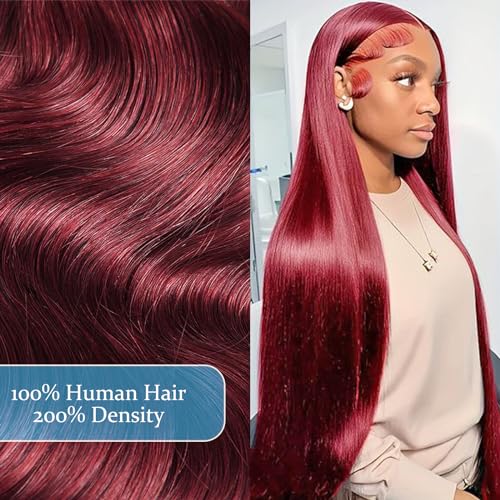 99j Burgundy Lace Front Wigs Human Hair 28 inch 13x6 Lace Front Wigs Human Hair Straight Red 200 Density HD Lace Front Human Hair Pre Plucked Pre Cut Glueless Wigs Colored For Black Women - Image 2