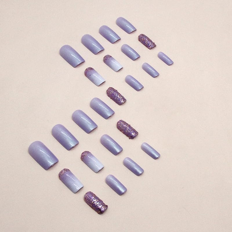 Purple Sequin Glitter Gradient Medium Square Press-On Nails for Women - Image 2