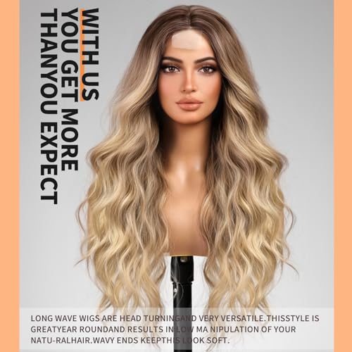 Long Ombre Brown mix Blonde Wavy Wig for Women,Middle Part Curly Wavy Wig,Natural Looking Synthetic Heat Resistant Fiber Wig for Daily Party Use 26IN… - Image 3