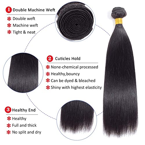 Human Hair Bundles with Frontal (20 22 24 +18) Straight Bundles with 13x4 Lace Frontal Brazilian Human Hair Weave Bundles with Frontal Free Part Virgin Hair Weft 150% Density Natural Color - Image 2