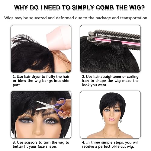 Glueless Wear and Go Wig Pixie Cut Short Human Hair Wigs for Black Women Full Machine Wigs 150% Density Layered Wavy Style Wigs with Bangs (99J) - Image 2