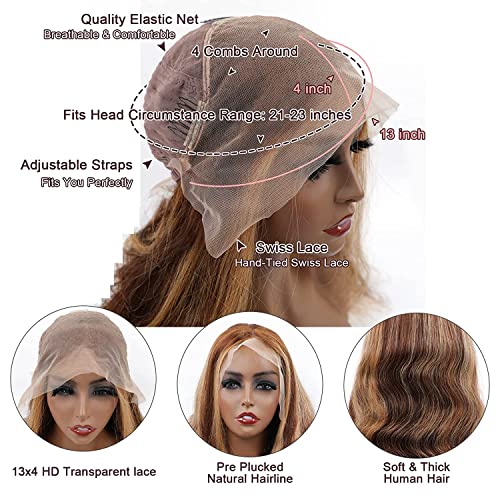 Highlight Ombre Lace Front Wig Human Hair Pre Plucked 13x4 HD Honey Blonde Lace Frontal Wigs with Baby Hair 150% Density Colored Body Wave Human Hair Wigs for Women 22 Inch - Image 4