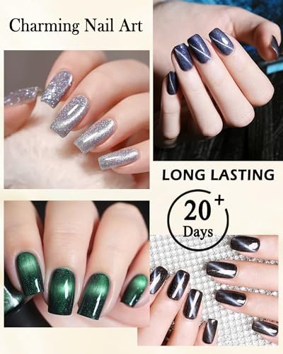 Black Crystal Cat Eye Gel Nail Polish, 9D Holographic Glitter Aurora Cateye Gel Polish, Diamond Shiny Magnetic Stick Nail Polish Kit, Soak Off UV Gel DIY Nail Art Manicure Home Salon Gift for Women-03 - Image 5
