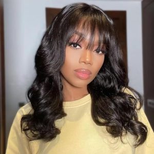 Brazilian Body Wave with Bangs Human Hair Wig Natural Color Virgin Hair Glueless Wigs 13x4 HD Transparent Lace Front Wig Pre Plucked Invisible Lace Wig 150% Density Bleached Knots 16inch