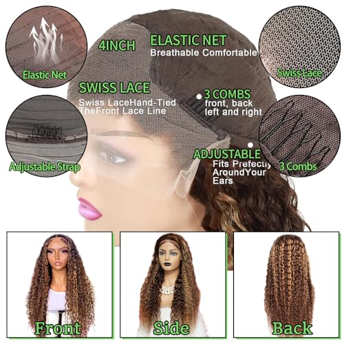 24inch Ombre Curly Lace Front Wig Human Hair 13x4 HD Honey Blonde Deep Wave Glueless Lace Front Wigs Human Hair Pre Plucked with Baby Hair 150% Density 4/27 Highlight Lace Front Wig Human Hair - Image 3