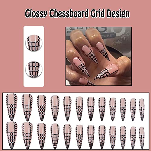 Black Stiletto Press on Nails Medium Long Fake Nails Glue on Nails for Women with Glossy Chessboard Grid Design Cute Acrylic False Nails Full Cover Stick on Nails for Wedding Birthday 24Pcs - Image 2