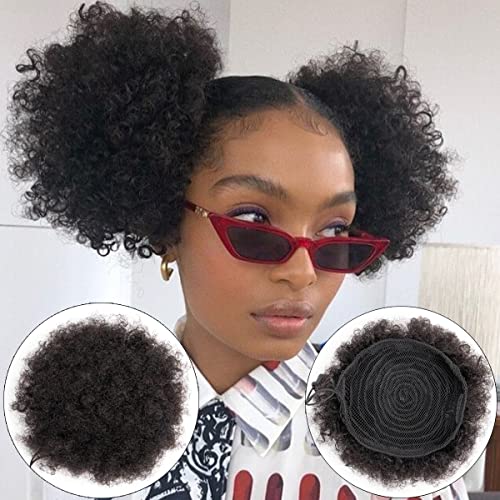 Afro Puff Drawstring Ponytail Human Hair Small Kinky Curly Ponytail Buns Hairpieces 8A Brazilian Virgin Hair Short Clip In Ponytails for Black Women Girls Kids 6 Inch Natural Black - Image 6