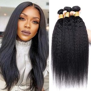 Kinky Straight Human Hair Bundles 8a Grade Double Weft Remy Hair Wet and Wavy Bundles Soft and Silky Brazilian Yaki Bundles Human Hair Weave Extensions for Black Women (22 24 26 inch)
