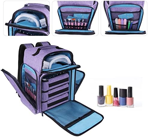 Nail Polish Organizer Backpack Holds 108 Bottles(15ml - 0.5 fl.oz) and a Nail Lamp, Nail Supplies Organizer Case with 3 Removable Nail Polish Pouches, Nail Storage Bag for Nail Tech (Purple) - Image 3