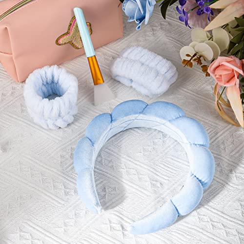 Sponge Spa Headband Wrist Washband Scrunchies Cuffs for Face Washing Set,Big Spa Hairband Towel Wash Wristbands Mask Brush for Women Girls Makeup Hair Accessory(4 blue) - Image 3