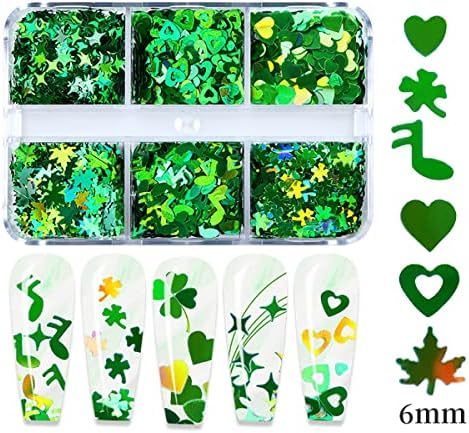 6 Grids Shamrock Nail Glitter Sequins St Patricks Day Nail Glitter Flakes Holographic Heart Green Clover Nail Decals Irish St. Patrick's Day Nail Art Stickers Confetti Glitter for Nail Art Decoration - Image 4