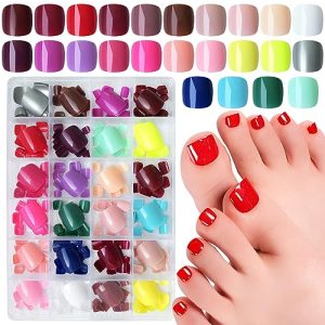 Short Press on Toenails, 576pc Colored Fake Toe Nails Short Square Press on Toes Nail Full Cover Acrylic Toenail Tips Artificial Toes Pedicure Glue Tab False Toenails for Women Girls Kids